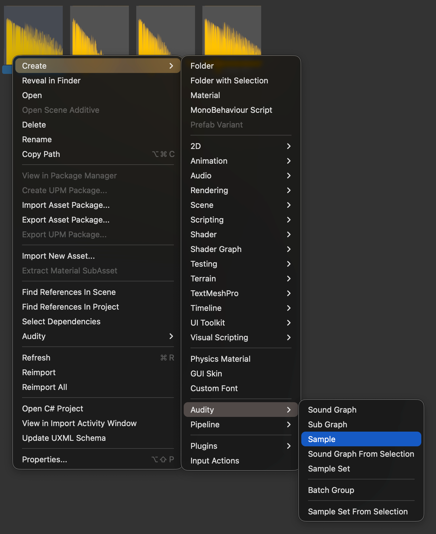 The Project window’s create menu, with Audity > Sample highlighted