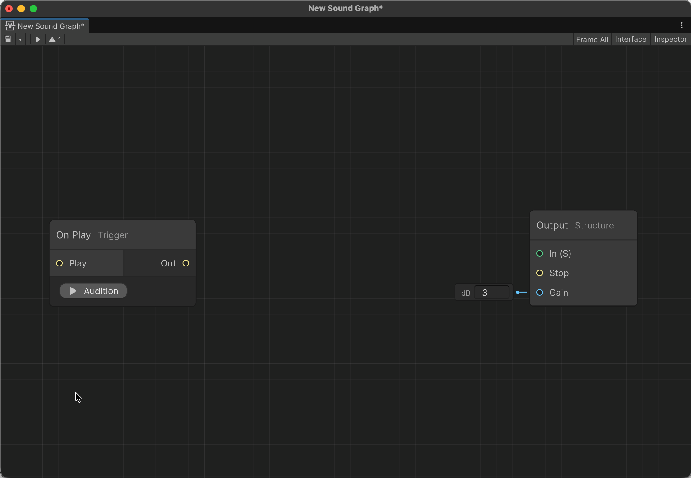 A new Sound Graph with only On Play and Output on the canvas