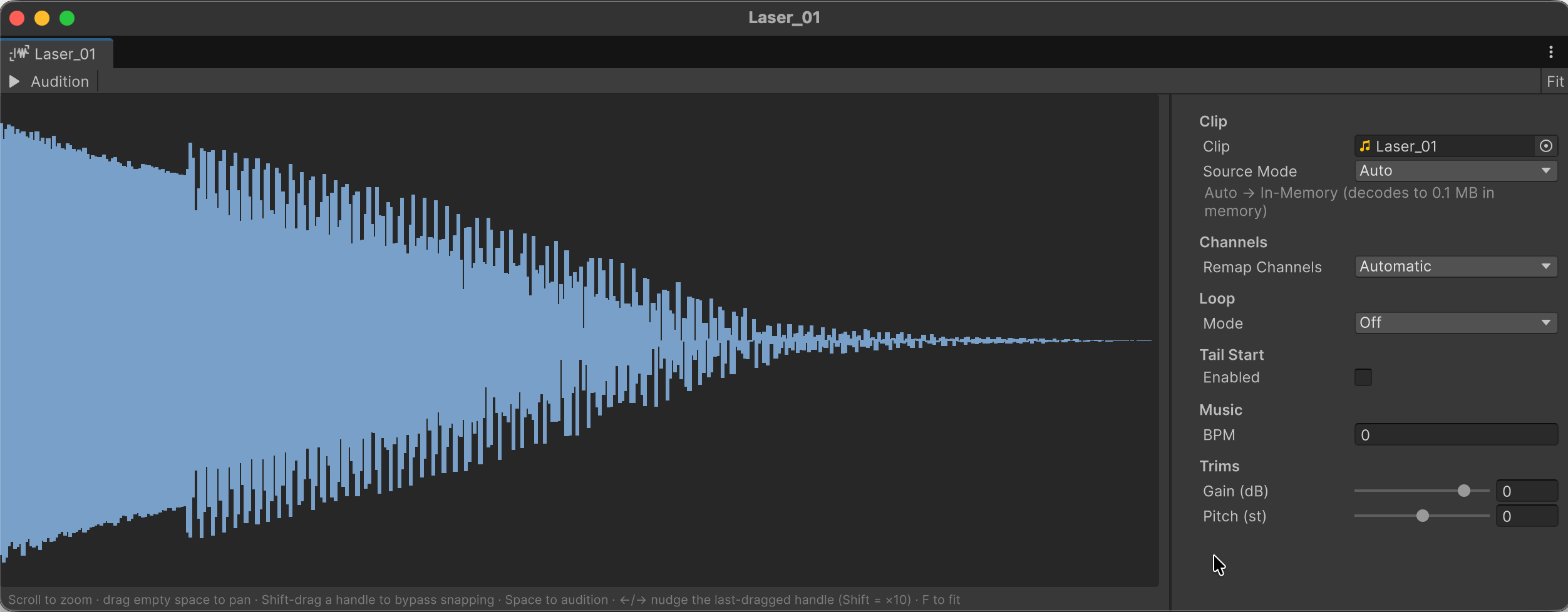 The Sample editor: the clip’s waveform beside its playback settings