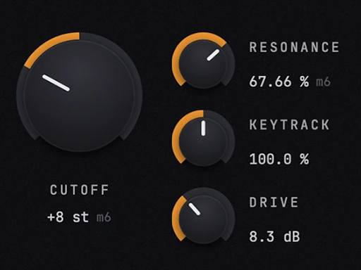 The filter panel: a cutoff knob reading +8 semitones, with resonance, keytrack, and drive beside it