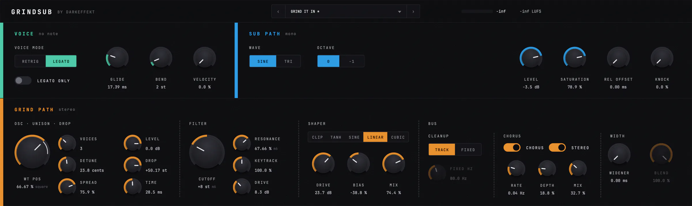 The GrindSub window: the voice and sub path controls across the top, the grind path with its oscillator, filter, shaper, cleanup, chorus, and width controls below